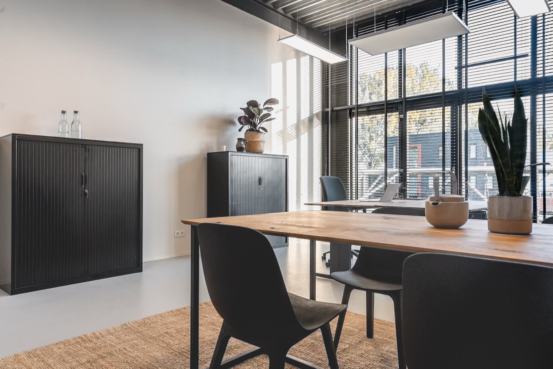 Kantoor L - overlegtafel met archiefkasten en planten